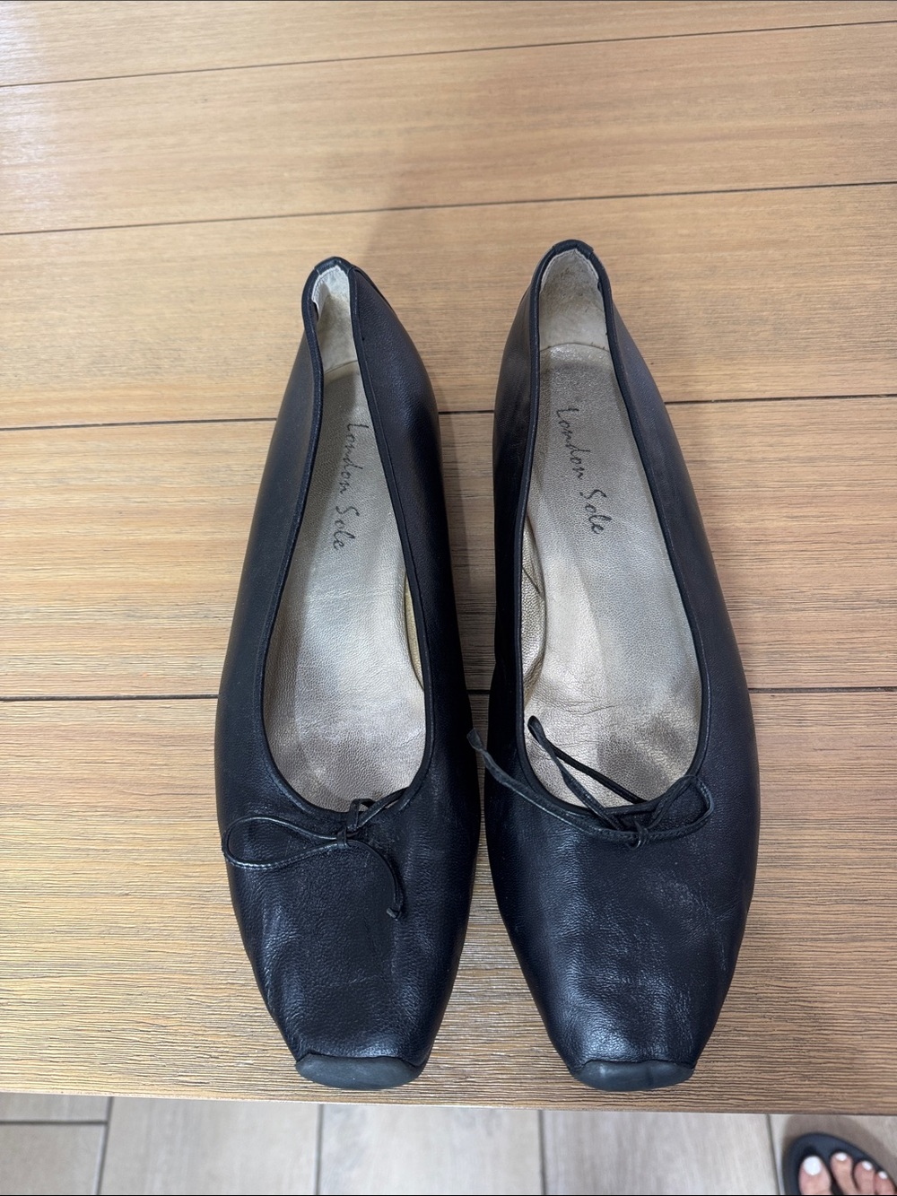 London Sole Black Leather Ballet Flats Square Toe Bow Driving Loafers EU 41.5